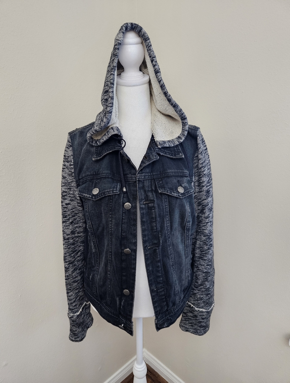 Free People Black Denim Jacket with Cream Knit Trim